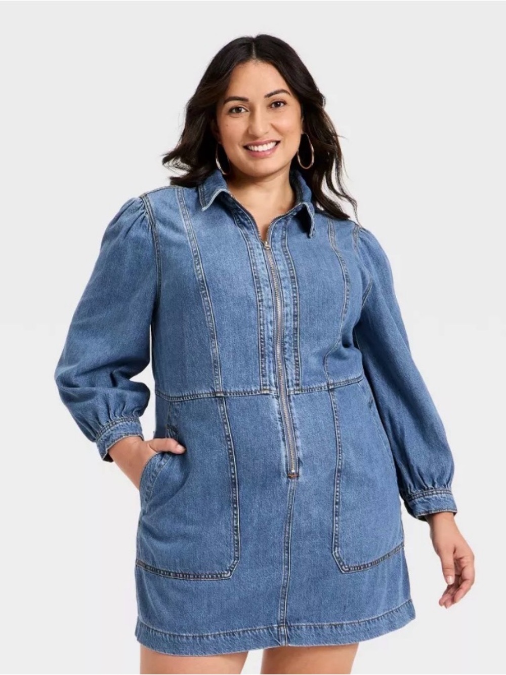Universal Thread Blue Denim Zip-Front Shirt Dress
